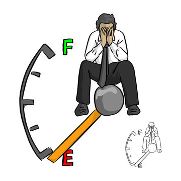 sad businessman sitting on fuel gauge using hands to cover his face vector illustration sketch doodle hand drawn with black lines isolated on white background