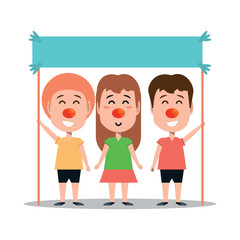 cartoon kids with red noses and holding a blank board over white background, vector illustration