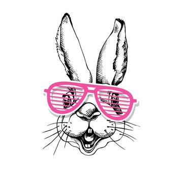 Portrait of the Rabbit in a pink Grille Glasses. Vector illustration.