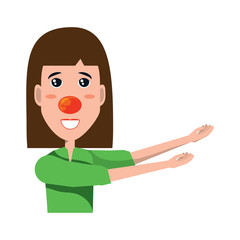 cartoon happy woman with red nose pointing to the side over white background, vector illustration