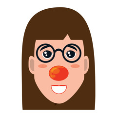 cartoon happy woman with glasses and clown nose icon over white background, vector illustration