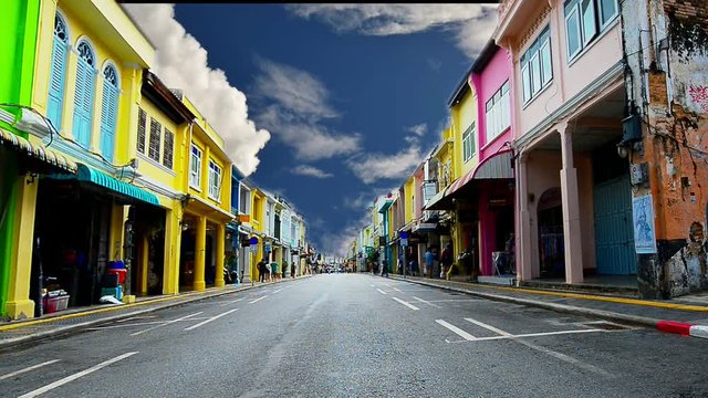 Phuket old town.
Time lapse of cloud moving over Talang road the landmark of the oldest shopping center with sino portuguese architecture buildings .
