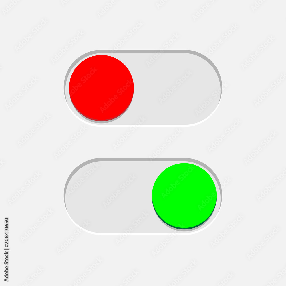 Poster green on and red off toggle switch buttons isolated on gray background. vector design element.