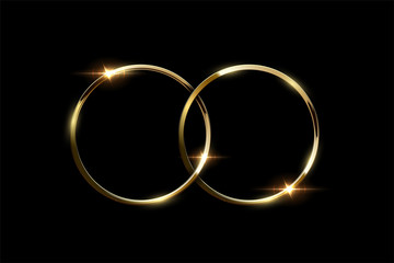 Two overlapping golden rings isolated on black background. Vector luxury design element.