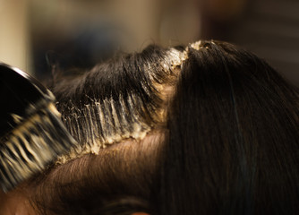 Hair color being applied during a color touch up
