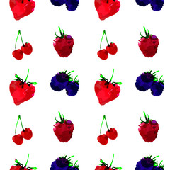 Seamless pattern with strawberry, raspberry, blackberry, cherry, berry with blots and stains on a white background. Watercolor art. Freehand creative vector illustration.