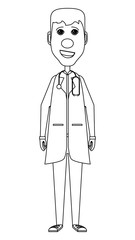 cartoon doctor with red nose and stethoscope over white background, vector illustration