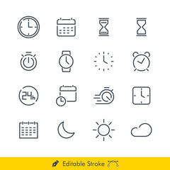 Time Related Vector Line Icons Set. Contains of: Clock, Calender, Hourglass, Watch, Stopwatch, Alarm, Sunny Day, Night, Moon, Sun and more - In Editable Line / Stroke Design