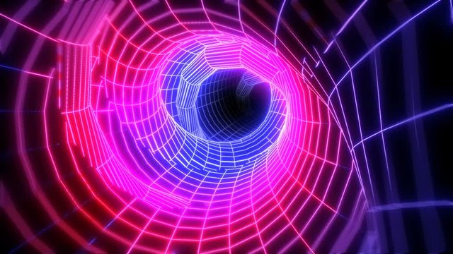 Neon low poly grid tunnel animation. Seamless retro futuristic background.
