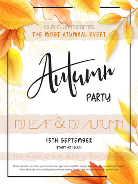 Vector autumn party poster with hand drawn lettering, yellow autumn leaves, doodle branches
