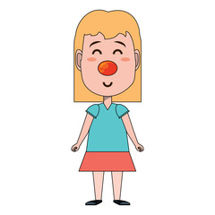 Happy cute girl with red nose and wearing a skirt over white background, vector illustration