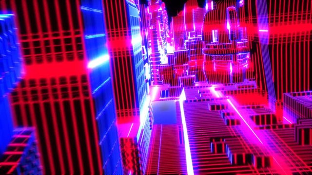 Neon low poly citiscape animation. Seamless retro futuristic background.