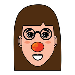 cartoon happy woman with glasses and clown nose icon over white background, vector illustration