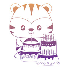 Cute tiger with birthday cakes over white background, vector illustration