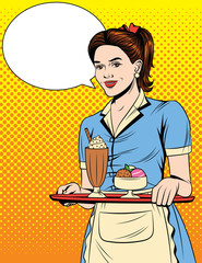 Vector colorful comic pop art style illustration of a beautiful waitress with a tray. Vintage postcard with young girl in apron and desserts on a tray.