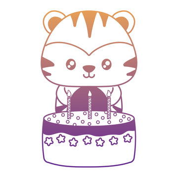 Cute tiger with birthday cake over white background, vector illustration