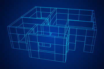 Abstract architecture building. Plan of modern house. Wireframe low poly mesh construction.