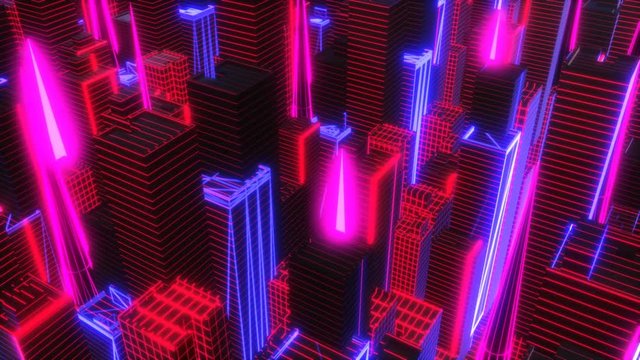 Neon low poly citiscape animation. Seamless retro futuristic background.