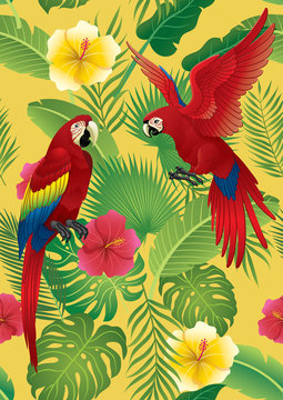 seamless pattern tropical plants and red macaw bird