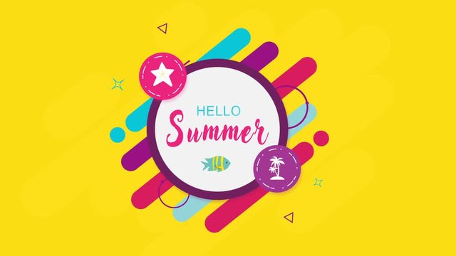 Geometric intro with inscription, sign hello summer on yellow background. Flat, shape animation opening clip. Creative bright motion graphic for label, advertisement, news, decoration TV shows
