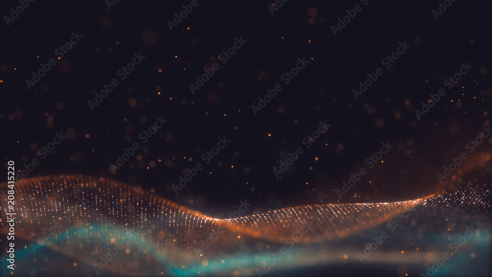 Poster abstract wavy structure with millions of glowing particles. colorful blurred magic background with l