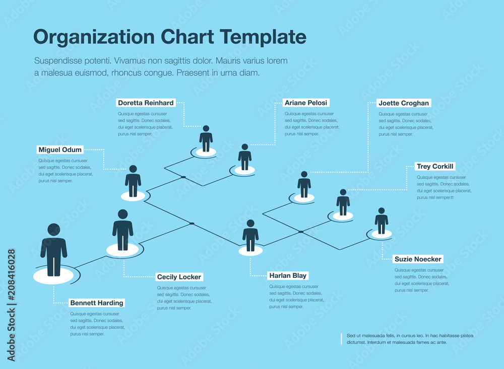 Poster Simple blue and white company organization hierarchy chart template with place for your content. Easy to use for your website or presentation.