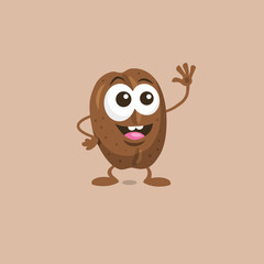 Illustration of cute happy coffee bean mascot greeting someone with big smile isolated on light background. Flat design style for your mascot branding.