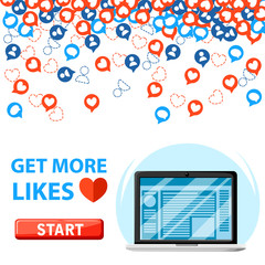 Get more likes. Red and blue icons falling. SEO concept. Design elements for social network,marketing. Vector illustration with laptop. Web site page and mobile app design