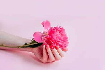 Creative bright trendy summer manicure with nails of different color. Female hand with art nail design on pink background and fuchsia peony flower.