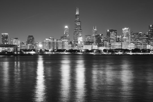 Fototapeta Black and white Chicago waterfront panorama at night, USA.