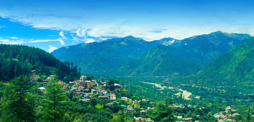 Panoramic view of small town Naggar situated on the left bank of river Beas. Kulu, Himachal...