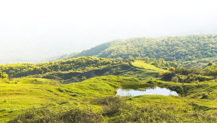 Small pond in the hills, forest expanses