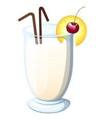 Pina Colada cocktail garnished with maraschino cherry. Pineapple wedge. Brown straw tubes. Flat vector illustration isolated on white background