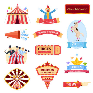 Set circus welcome. Greeting and invitation to circus performance, billboard.