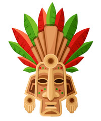 Ethnic tribal mask. Mask with green and red leaf. Ritual headdress, colorful. Vector illustration isolated on white background