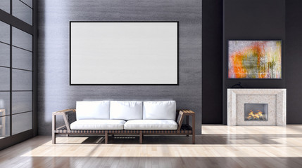 Modern bright interiors apartment with mockup poster frame 3D rendering illustration