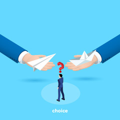 a man in a business suit faces a choice, a hand offering a paper plane and a boat, an isometric image