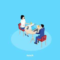 man and woman in a business suit at a round table with a laptop and a glass of juice, isometric image