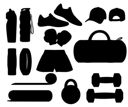 Black silhouette. Set of sports accessories and clothes. Icons for classes in the gym. Vector illustration isolated on white background