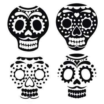Black silhouette. Mexican skull mask collection. Day of The Dead skull, cartoon style. Sugar skull with floral element. Vector flat illustration isolated on white background