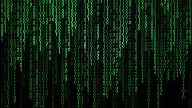 Binary code black and green background with digits moving on screen, Concept of digital age. Algorithm binary, data code, decryption and encoding, row matrix background.
