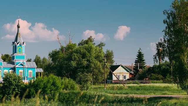 Time Lapse, Timelapse. Old Orthodox Church of the Nativity of the Virgin Mary At Sunset In Village Krasnyy Partizan, Dobrush District, Gomel Region, Belarus