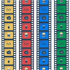 Obraz premium Vector illustration. Cinema flat stile icons.Film Strip in yellow red blue green colors