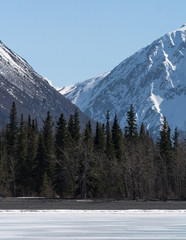 Lake and snowy mountain sides