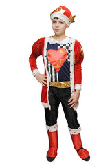 Young boy in a carnival costume of a chess king on a white background. Isolated