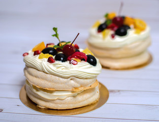 Pancakes decorated with fruits.