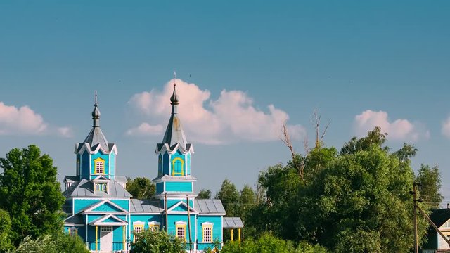 Time Lapse, Timelapse. Old Orthodox Church of the Nativity of the Virgin Mary At Sunset In Village Krasnyy Partizan, Dobrush District, Gomel Region, Belarus