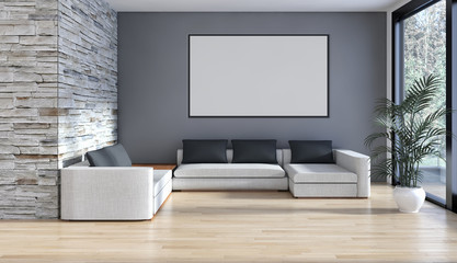 Modern bright interiors apartment with mockup poster frame 3D rendering illustration