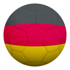 Realistic isolated 3d soccer ball textured with national flag of Germany. Football ball colored with German flag.