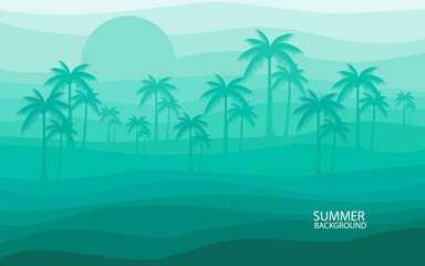 Fototapeta na wymiar Creative background with green color, palm, sun, beach